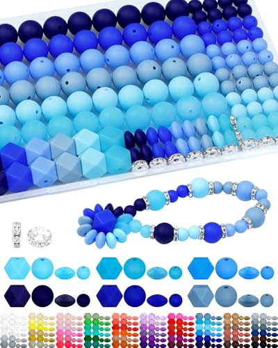 FIVEIZERO 172PCS Silicone Beads for Keychain Making, 6 Blue Shades | 4 Assorted Shapes, Includes Rhinestone Spacers, Premium Silicone, Easy to Clean, Durable and Flexible - color: blue
