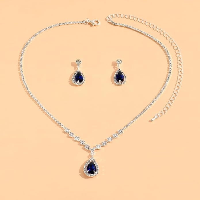 Sparkling Teardrop Halo Bridal Necklace Earrings Set For Women Statement Classic Silver Colors Adjustable Choker Style Chain
