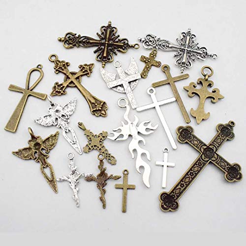 Youdiyla 100g Big Cross Pendants Collection - Antique Bronze Silver Sword Holy Angel Jesus Peace Cross Crucifix Metal Charms for Jewelry Making DIY Findings (HM23)