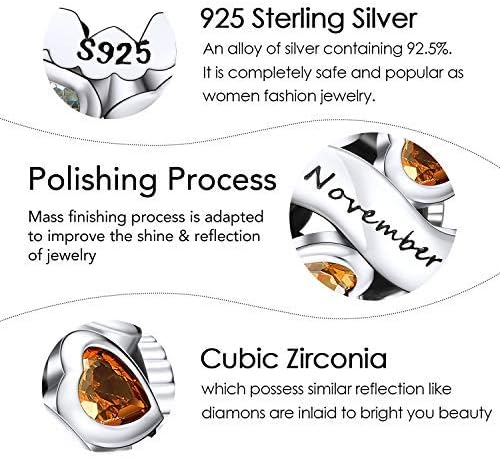 NINGAN Birthstone Charms 925 Sterling Silver Love Heart Openwork Bead for Charm Bracelets and Necklaces with 5A Cubic Zirconia, Birthday Mothers Day Jewelry Gifts Women
