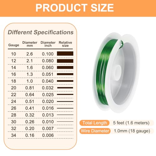 HARFINGTON 5ft Jewelry Wire, 18 Gauge (1mm) Brass Craft Soft Metal Tarnish Resistant Copper Beading Wire for Jewelry Making Supplies Crafting, Green - color: Green, size: 18 Gauge x 5ft