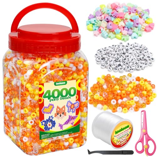 IOOLEEM Orange Solid & Glitter Bulk Pony Beads - 4000pc Kit for Friendship Bracelets & Jewelry Making, Easy Storage - color: Orange & Glitter