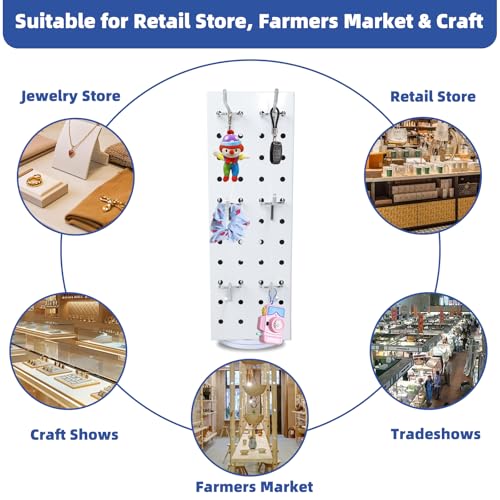Rotating Pegboard with 20 Peg Hooks 4-Sided Pegboard Spinning Display Stand 4 x 4 x 12 Inches, Keychain Display Stand for Retail Display, Earring Display (White) - color: White