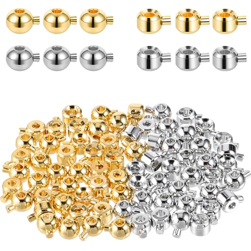 80 PCS Crimp Beads for Jewelry Making, Gold Silver Spacer Bead Stoppers Brass Metal Round Crimp Charms Ball Column Stopper Crimps Charms for Bracelet Necklace Ends Accessories