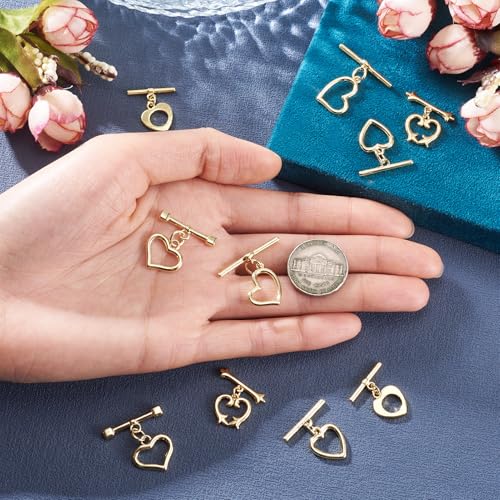 10Pcs 18K Gold Plated Toggle Jewelry Clasps Heart Toggle Clasps Brass OT Toggles Clasp Connector T-Bar Bracelet Closure Clasp for Bracelet Necklace Jewelry Making - color: Light Golden