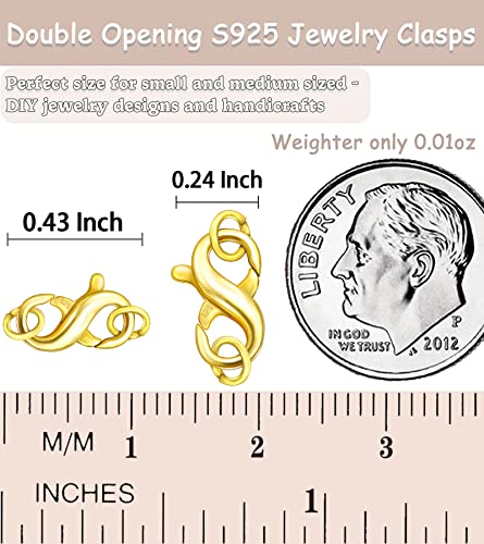 Dailyacc S925 Double Opening Lobster Clasp Sterling Silver and Gold Necklace Bracelet Extender Clasps and Closures for DIY Jewelry - color: Gold 2PCS, size: 11mm × 6.5mm