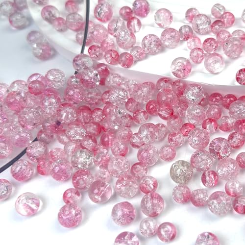300pcs Crackle Glass Beads, 6mm and 8mm Pink Crystal Glass Beads Round Loose Spacer Bulk Beads for DIY Craft Earring Necklace Bracelet Jewelry - color: Pink