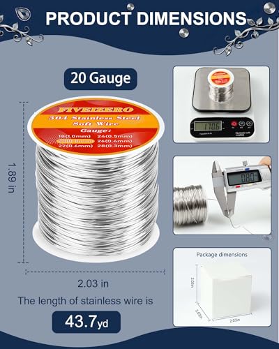 FIVEIZERO 20 Gauge 304 Stainless Steel Wire for Jewelry Making,43yd Stainless Steel Jewelry Wires Thin Metal Craft Wire for Necklace,Bracelet,Earring,Bead Stringing,DIY,Floral and Home Crafts - size: 20 Gauge