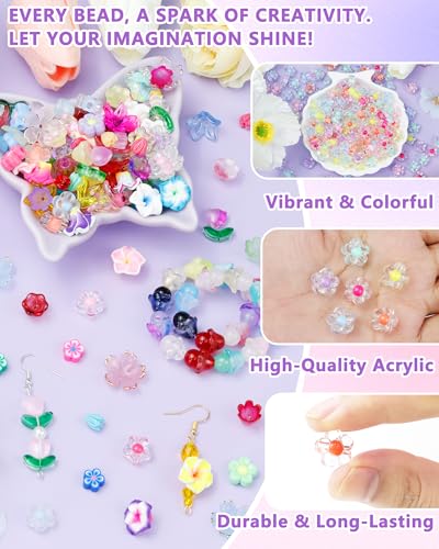 FIVEIZERO 300PCS Acrylic Flower Beads, Colorful Transparent Bead Charms for DIY Bracelets, Necklaces & Jewelry Craft Supplies - color: Clear Acrylic