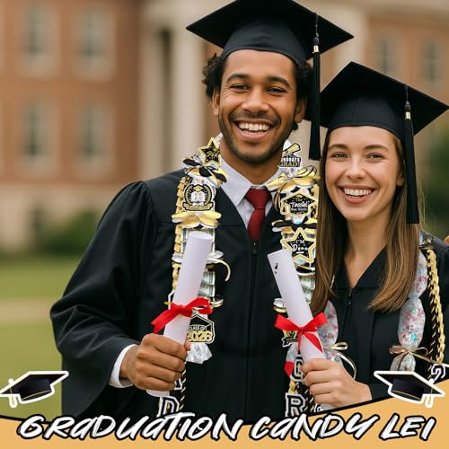 Graduation Candy Lei Making Kit Class of 2026 DIY Lei PE Bags Tubing Money Leis 2026 Graduation Ribbon Necklace Include 2 x 5 ft PE Bags 90 Pcs Flower Accessories for Grad Party Supplies (Gold, Black) - color: Gold, Black