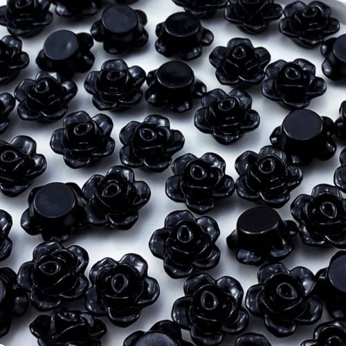 200pcs Acrylic Rose Flower Beads Candy Color Flat Back Spacer Beads Loose Pastel Colorful Decor for DIY Crafts Jewelry Making Bracelet Necklace Earrings(Black) - color: Black