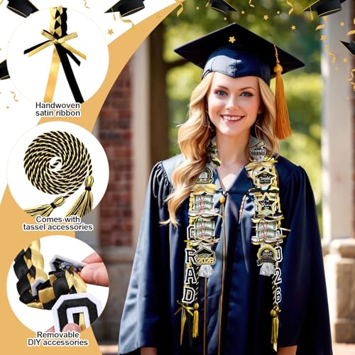 Graduation Candy Lei Making Kit Class of 2026 DIY Lei PE Bags Tubing Money Leis 2026 Graduation Ribbon Necklace Include 2 x 5 ft PE Bags 90 Pcs Flower Accessories for Grad Party Supplies (Gold, Black) - color: Gold, Black