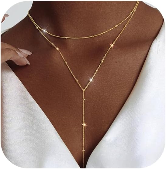 Luxval Lariat Gold Necklace for Women, Dainty Long Necklace 14k Gold Plated/Silver Y-Shaped Pendant Necklaces Trendy Beaded Chain Drop Necklaces Jewelry for Women Gifts