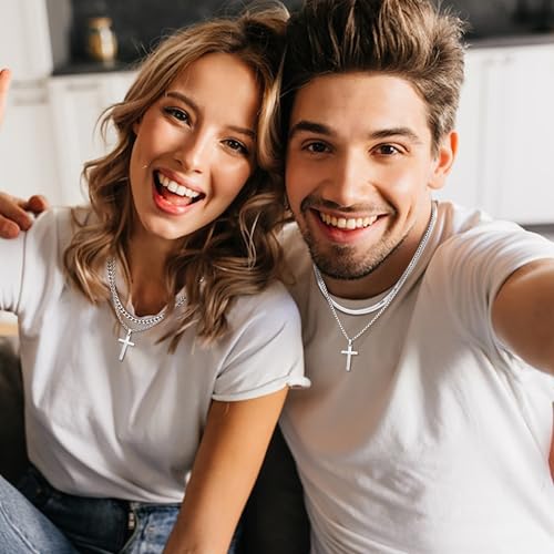 LOYALLOOK 6PCS Silver Chain for Men Women Stainless Steel Cross Chain Layered Cuban Link Figaro Snake Box Chain Cross Pendant Necklace 18-20IN/20-22IN - size: 18inch/20inch
