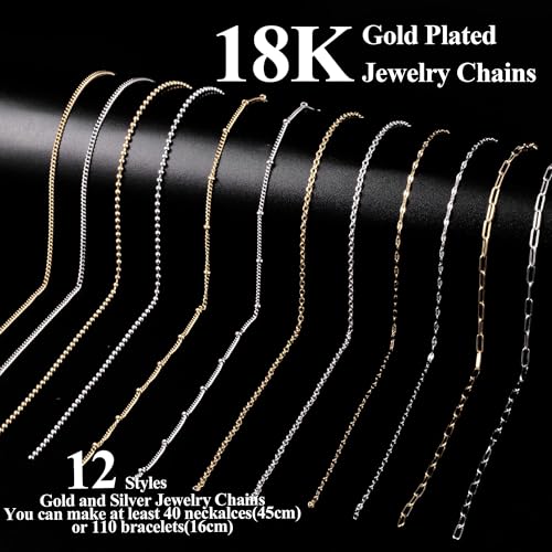 HUISUYTON 18K Gold Necklace Chain Kit for Jewelry Making, 59FT 12Rolls Bracelet Chains with Charms/Pliers/Jump Rings/Lobster Clasps Accessories for DIY Necklace Bracelet Making - color: 18k Gold Plated and Stainless Steel Silver-59Ft+Pendants
