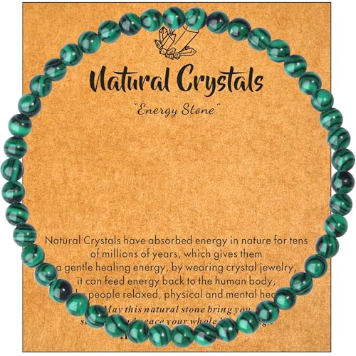 MAIBAOTA Healing Crystal Bracelet for Women Men, 8/4 mm Natural Stone Beaded Bracelets, Jewelry Birthday Gifts, Round Gemstones Stretch Bracelets - color: Green-Malachite, size: 4 mm