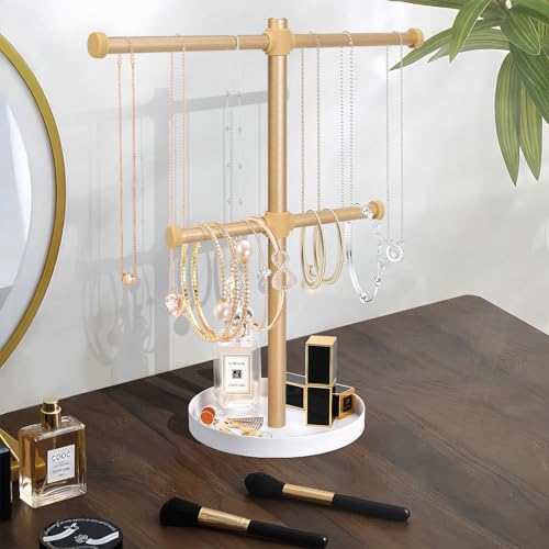 bodkar 2 Tier Gold Jewelry Display Holder, Necklace and Bracelet Hanging Organizer, Metal Tower Stand for Bangles, Necklaces, Rings, Earrings and Watch - color: 2 tier Gold