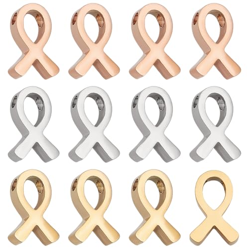 PH PandaHall 12pcs Breast Cancer Ribbon Beads for Jewelry Making, 12x8mm Stainless Steel Ribbon Charms Pendant Hope Beads Charm for Necklace Bracelet DIY Crafts, 3 Colors, Hole 1.8mm