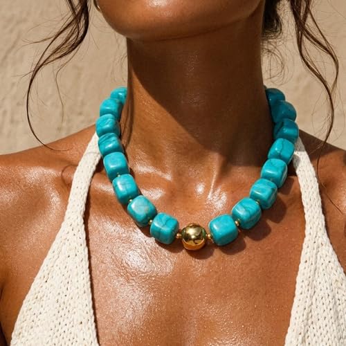 Mchic Colorful Beaded Choker Necklace for Women: Boho Large Square Acrylic Beaded Necklace Stainless Steel Adjustable Surfer Beach Strand Necklaces Summer Handmade Jewelry Gift for Women - color: Teal