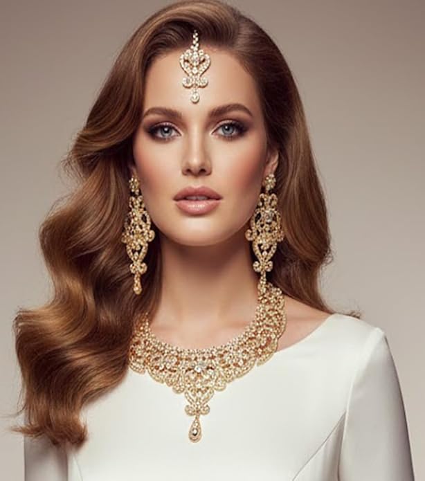 Touchstone Indian jewelry set for women bollywood gold jewellery wedding outfits necklace sets earrings bridal maang tikka fancy costume girls big desi accessories rhinestone in gold or silver tone