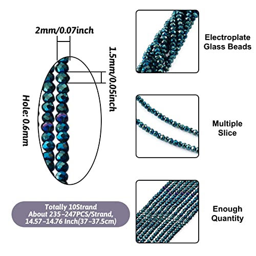 FASHEWELRY 10 Strands Briolette Crystal Glass Beads 2mm Rondelle Faceted Glass Spacer Beads Half Plated for Necklace Bracelet Jewelry Making (Dark Slate Gray) - color: Dark Slate Gray-Half Plated, size: 2mm