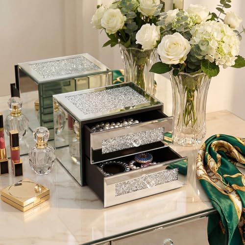 Kenning Silver Jewelry Box 2 Layer Glass Box for Women Mother's Day Crystal Jewelry Organizer Storage Luxury Necklaces Earrings Rings Bracelets Organizer for Mom Gift Decoration