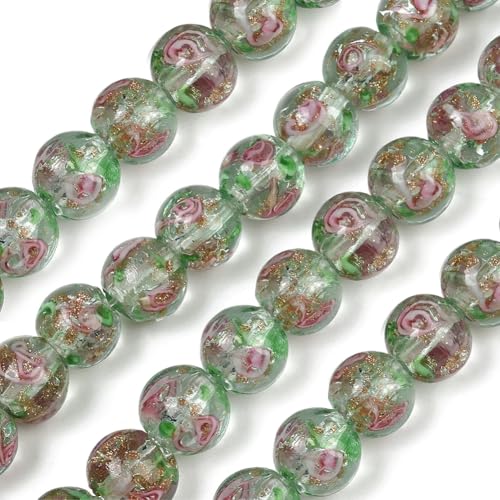 1 Box 40PCS 10MM Dark Green Flower Lampwork Beads with Holes Rose Glass Round Flower Gold Sand Floral Handmade Spacer Loose Bead Bulk for Jewelry Making Necklace Bracelet DIY Craft Supply - color: Dark Green, size: 40pcs