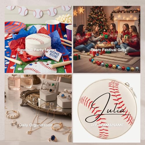 12-Pack Baseball Jewelry Box Bulk Team Gifts for Girls & Moms, White Round Mini Travel Jewelry Case with Red Stitching, Senior Night Tournament Gifting, Baseball Mom Accessories - style: Baseball
