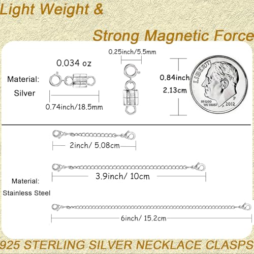 925 Sterling Silver Magnetic Necklace Clasps Closures (1 Piece) and Stainless Steel Necklace Extender Chains (3 PCS), Magnetic Jewelry Clasps for Necklaces Bracelet and Jewelry Making Supplies