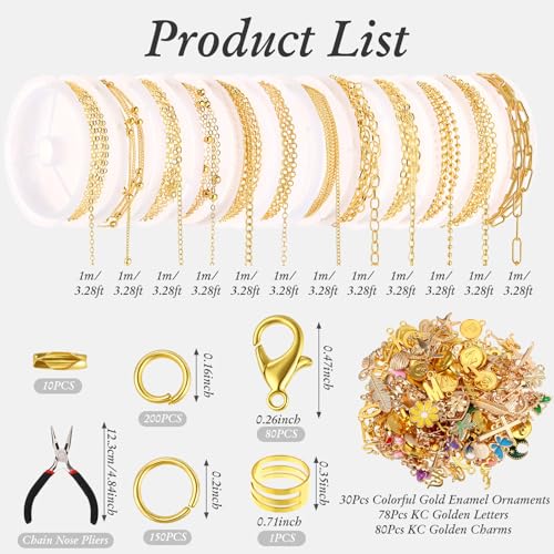 12 Rolls 39.4 Feet Gold Chains for Jewelry Making DIY Necklace Bracelet Chains Bulk Kit 178 Bracelet Charms 350 Jump Rings 80 Lobster Clasps Pliers Accessories Mother Day Graduation DIY Gift for Women