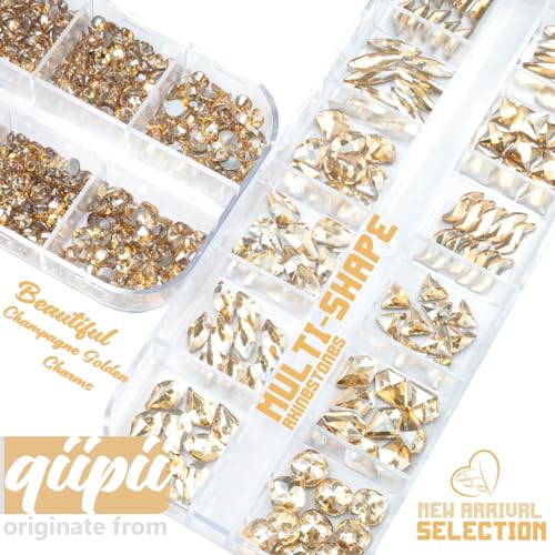 qiipii 4080Pcs Champagne Golden Nail Rhinestones Flatback Gold Crystals Gems Round Beads K9 Glass Stones Diamonds Jewels Nail Art Supplies Nail Charms Supplies for Nails Faces Eyes Makeup Body Beauty - color: Champagne Gold, size: B Set