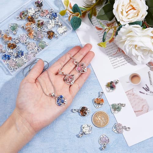 SUPERFINDINGS 36Pcs Tree of Life Charms Colorful Heart Stone Chips Charms Antique Silver Wire Wrapped Crystal Pendants for Jewelry Making Necklace Earrings Bracelet DIY, Hole: 2mm