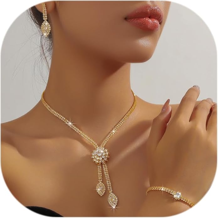 4 Pieces Cubic Zirconia Wedding Jewelry Sets for Bride Rhinestone Bridal Jewelry Set Necklace Bracelet Earring Ring for Brides Bridesmaid for Wedding Party