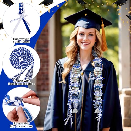 Graduation Candy Lei Making Kit Class of 2026 DIY Lei PE Bags Tubing Money Leis 2026 Graduation Ribbon Necklace Include 2 x 5 ft PE Bags 90 Pcs Flower Accessories for Grad Party Supplies (Blue, White) - color: Blue, White
