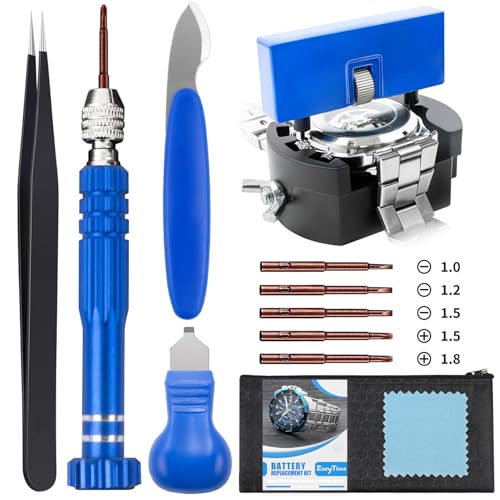 EasyTime Watch Battery Replacement Tool Kit Professional Watch Repair Toolkit and Back Remover Set with Adjustable Case Opener, Tweezers, Screwdriver and Instructions - color: Blue