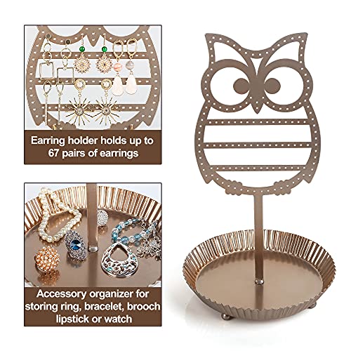 NIKKY HOME Earring Holder Hanging Organizer Stand Metal Jewelry Tree Table Top Owl Ear Stud Holder Tower Rack with Ring Tray for Girls (134 Holes), Gold - color: Rose Gold