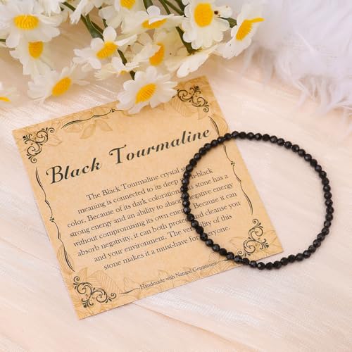 BONNY BOXX Natural Genuine Gemstone Faceted Round Beads Bracelets, 3mm Adjustable Stretchy Tiny Faceted Black Tourmaline Bracelet, Healing Crystal Reiki Chakra Dainty Jewelry Fashion Gifts - color: Black Tourmaline