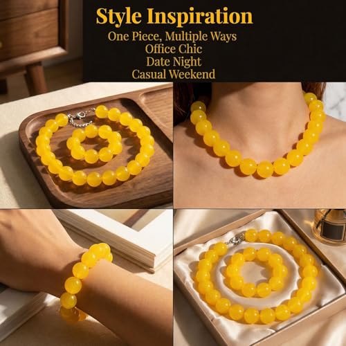 Colorful Chunky Beaded Necklace for Women Acrylic Bead Choker Necklaces Fashion Large Round Beads Necklaces for Women Handmade Summer Jewelry - color: Yellow bracelet + necklace