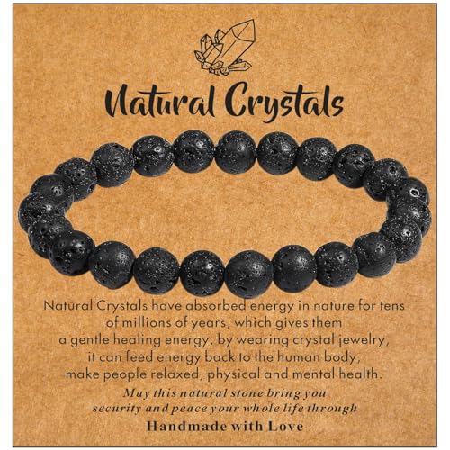 MAIBAOTA Healing Crystal Bracelet for Women Men, 8/4 mm Natural Stone Beaded Bracelets, Jewelry Birthday Gifts, Round Gemstones Stretch Bracelets - color: Black-Lava Rock, size: 8 mm