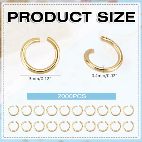2000Pcs Gold Open Jump Rings, 3mm 18K Gold Plated Jump Rings Stainless Steel Bulk Small Connecting Jewelry Connectors for Jewelry Making Supplies Bracelet Earrings Repair - color: Gold