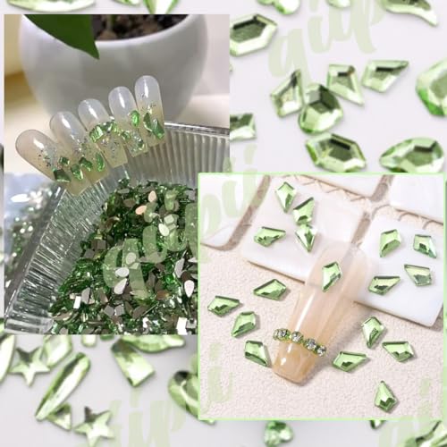 qiipii 3180Pcs Light Green Nail Rhinestones Multi Shapes Crystal Grass Green Flatback K9 Glass Rhinestones Gems Round Beads Stones Diamonds jewels w Wax Pen for Nails Face Eye Makeup Clothes Shoes DIY - color: Light Green, size: A Set