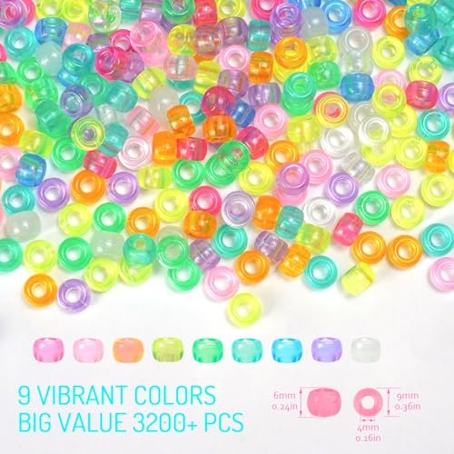 3200+pcs Glow in The Dark Pony Beads for Bracelets, 6x9mm Acrylic Neon Halloween Beads Rave Kandi Charms Kids Hair UV Bead for Braids Girls DIY Jewelry Making Crafts Party Supplies - color: Glow in The Dark 3200pcs