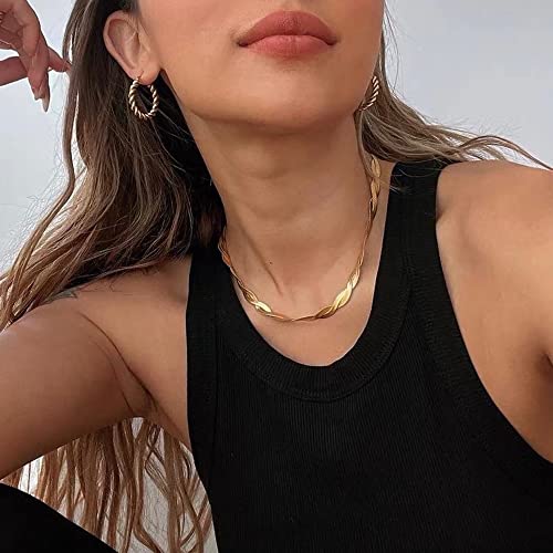 Tewiky Layered Necklaces for Women Non Tarnish- Chunky 14k Gold Plated Herringbone/Snake/Rope/Box/Cuban Link Chain for Women Waterproof Layering Stack Choker Necklace Trendy Dainty Tarnish Free Jewelry Set - color: Twisted Herringbone 2x3mm/16.5inch Gold