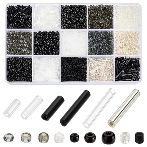 PH PandaHall 5000pcs+ Glass Seed Beads 15 Styles Bugle Beads Tube Bead Black White Silver Small Waist Bead for Punk Style Jewelry Making Bracelet Beading Weaving Embroidery DIY Craft Summer - color: Black White