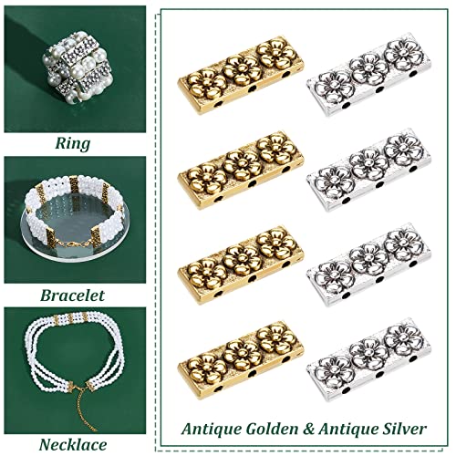 PH PandaHall 100pcs Tibetan Style Alloy Multi-Strand Links 3-Holes Rectangle Spacer Bar Metal Beads with Flower Tibetan Tila Beads for Summer Bracelet Necklace Jewelry Making