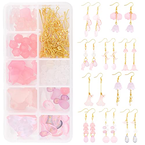 SUNNYCLUE 1 Box DIY 10 Pairs Frosted Acrylic Calla Lily Flower Dangle Earring Making Kits Pink White Acrylic Flower Beads Caps Pendants with Earring Hook Jewelry Findings Supplies, Instruction - color: Diy 10 Pairs Pink Themed Acrylic Earrings