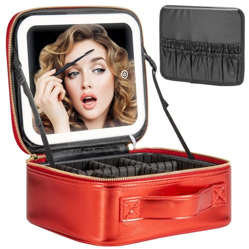 Extrei Gent Makeup Travel Train Case with Mirror LED Light 3 Adjustable Brightness Large Cosmetic Bag Portable Storage Adjustable Partition Waterproof Brushes Make up Jewelry Gift for Women - color: Red