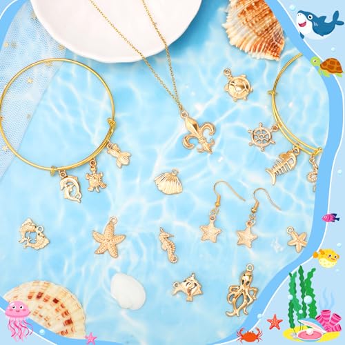 MARFOREVER 120 PCS Summer Beach Charms for Jewelry Making, Assorted KC Gold Ocean Life Sea Animal Charm Pendants Starfish Seashell Conch Charms for DIY Bracelet Necklace Earrings Making Crafting - style: Gold Sea