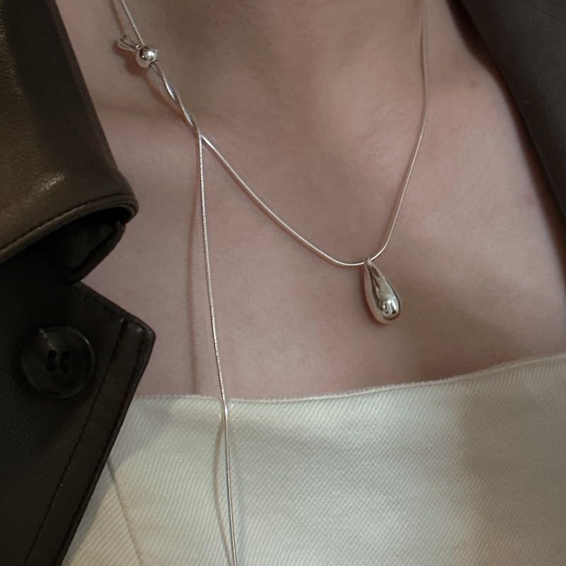 Silver Drop Necklace for Women Adjustable Sliding Silver Snake Chain Dainty Minimalist Necklace