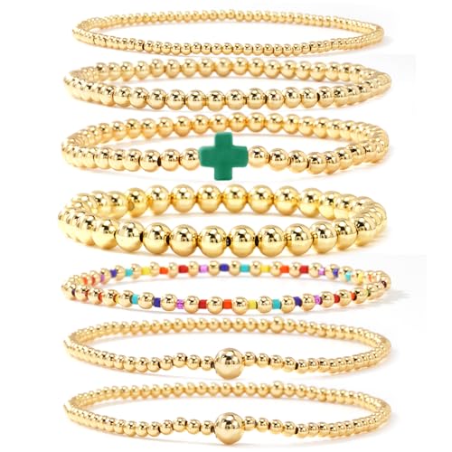 14K Gold Beaded Cross Beaded Bracelet Stack Set for Women,7PCS Bohemian Colorful Beads Ball Stretch Stackable Bracelets Trendy Holiday Birthday Gift - color: Dark Green